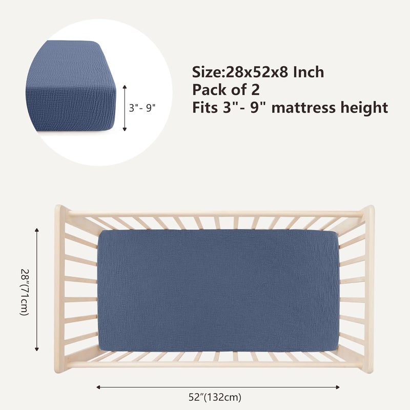 Bearmoss Muslin Crib Sheets 100% Cotton Baby Crib Sheets Soft&Breathable Nursery Sheet 52"x28" for Standard Crib Mattress&Toddler Bed Mattress - 2 Pack (Blue Crescent) - Image 3